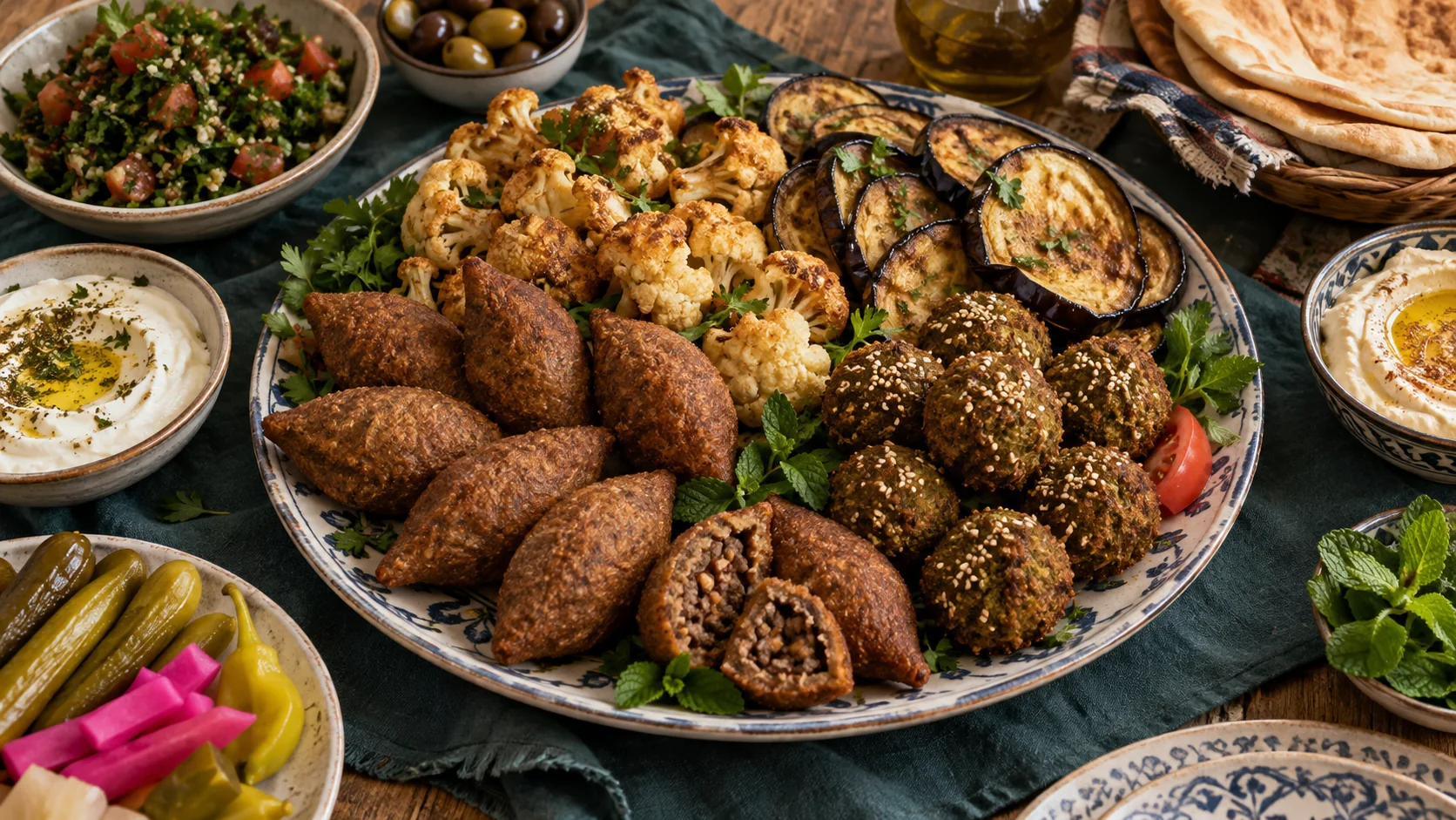 كبة مقلية وفلافل ومقالي خضار على سفرة سورية