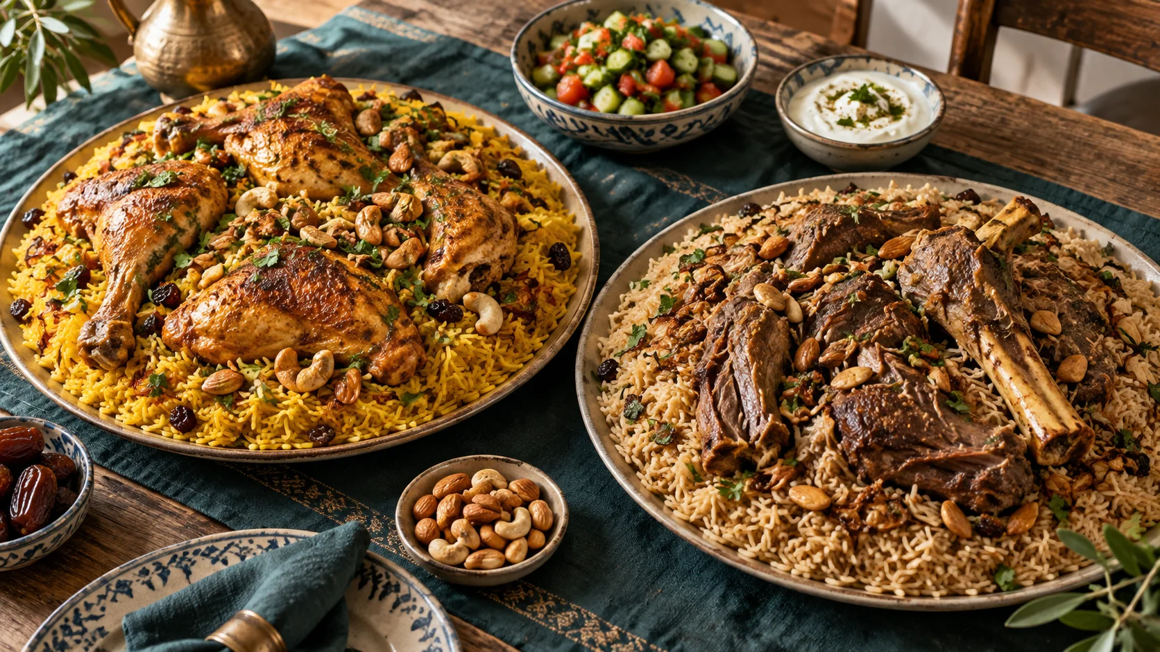 طبقان من رز الكبسة بالدجاج والمندي باللحمة