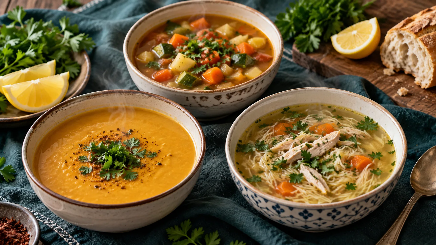 شوربة عدس وشوربة خضار وشوربة شعيرية بالدجاج