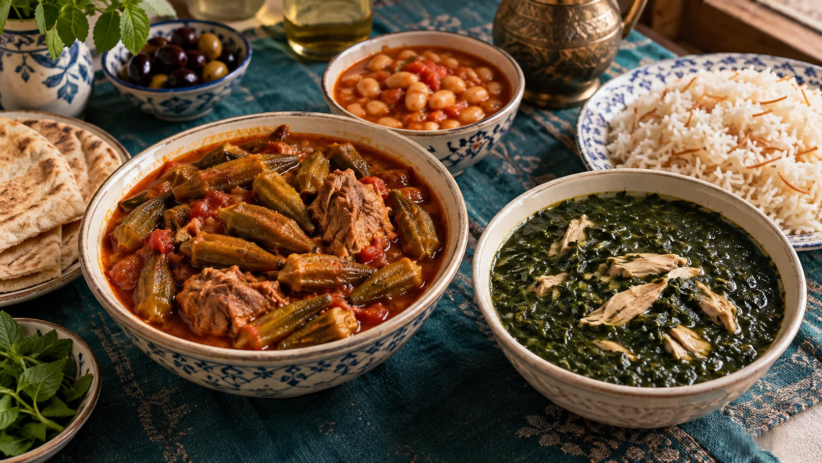 مرقات بامية وملوخية وفاصوليا مع الرز