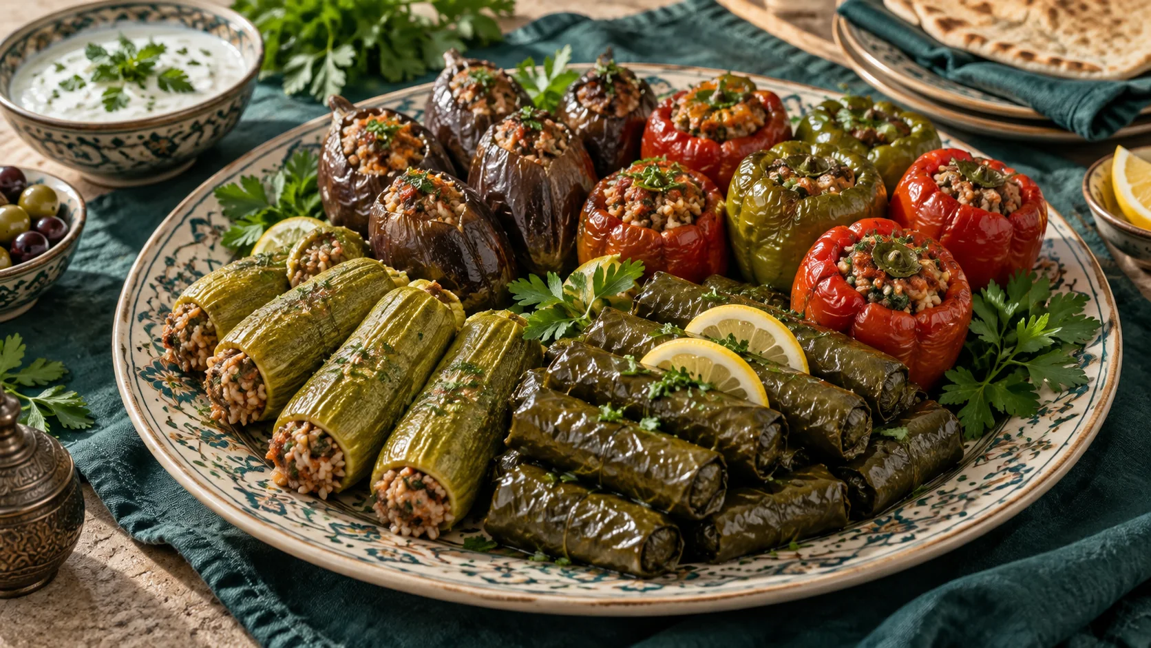 محاشي كوسا وباذنجان وفليفلة مع يبرق ورق العنب